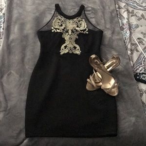 Black Halter Dress with Gold Appliqués